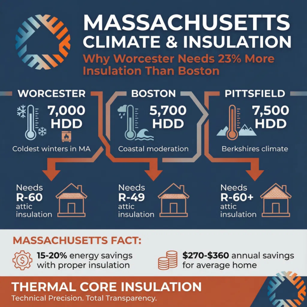 Massachusetts climate insulation requirements by city: worcester, boston by thermal core