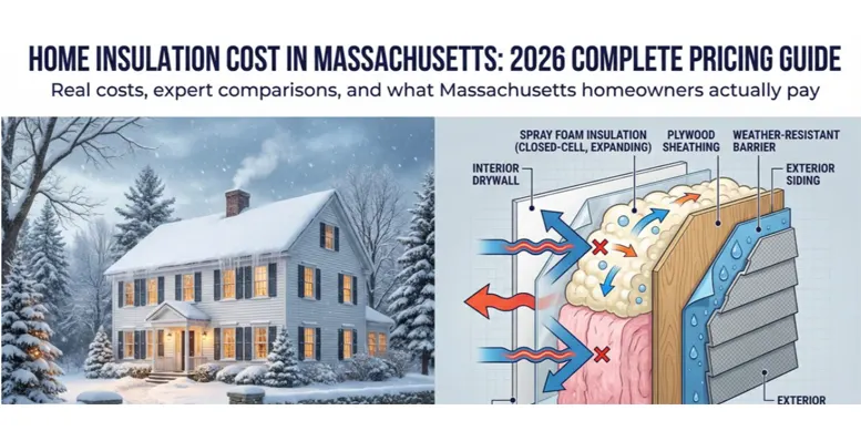Home insulation cost guide for Massachusetts 2026 featuring snowy colonial house and technical wall insulation diagram showing spray foam fiberglass and vapor barrier layers by Thermal Core Insulation
