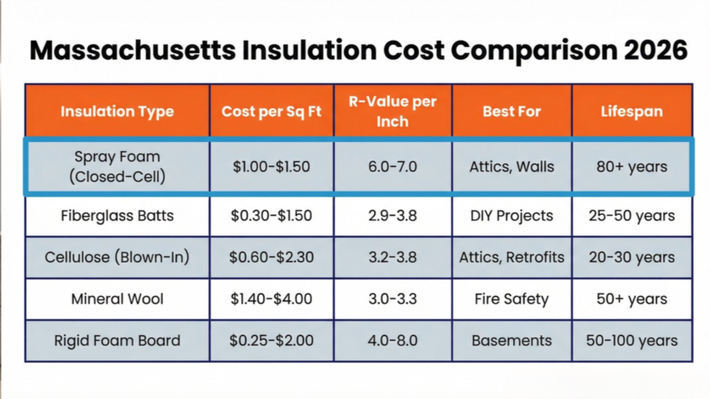 Comparison table infographic: insulation cost. showing spray foam insulation outperforming fiberglass, cellulose, mineral wool, and rigid foam for Massachusetts homes, with Thermal Core Insulation branding