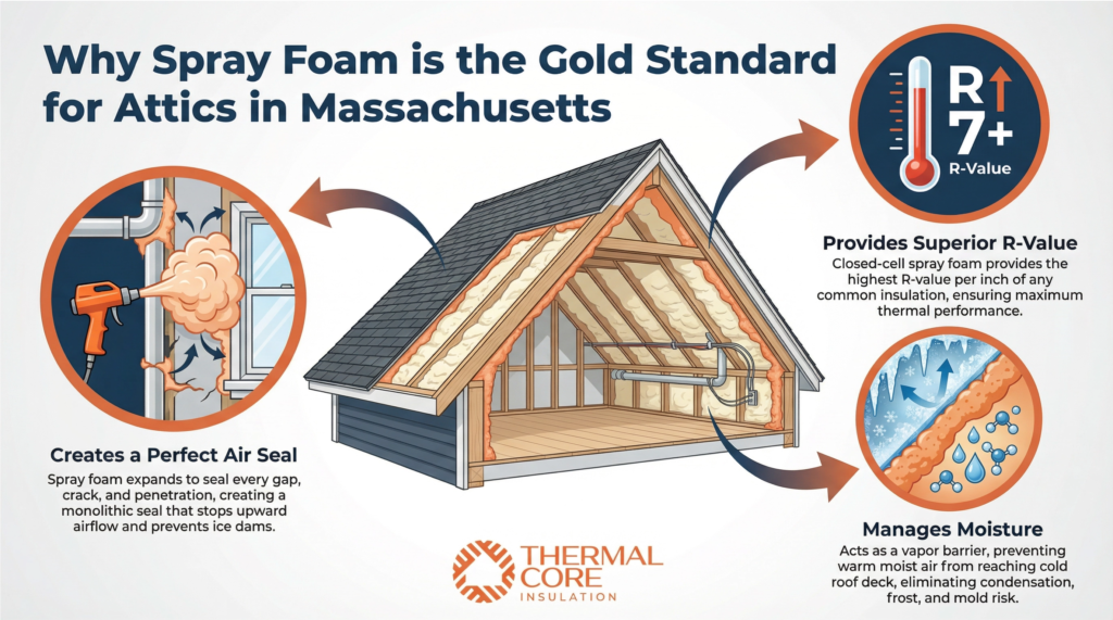 Spray foam insulation attic Massachusetts showing gold standard benefits air seal R-value moisture management preventing ice dams with Thermal Core