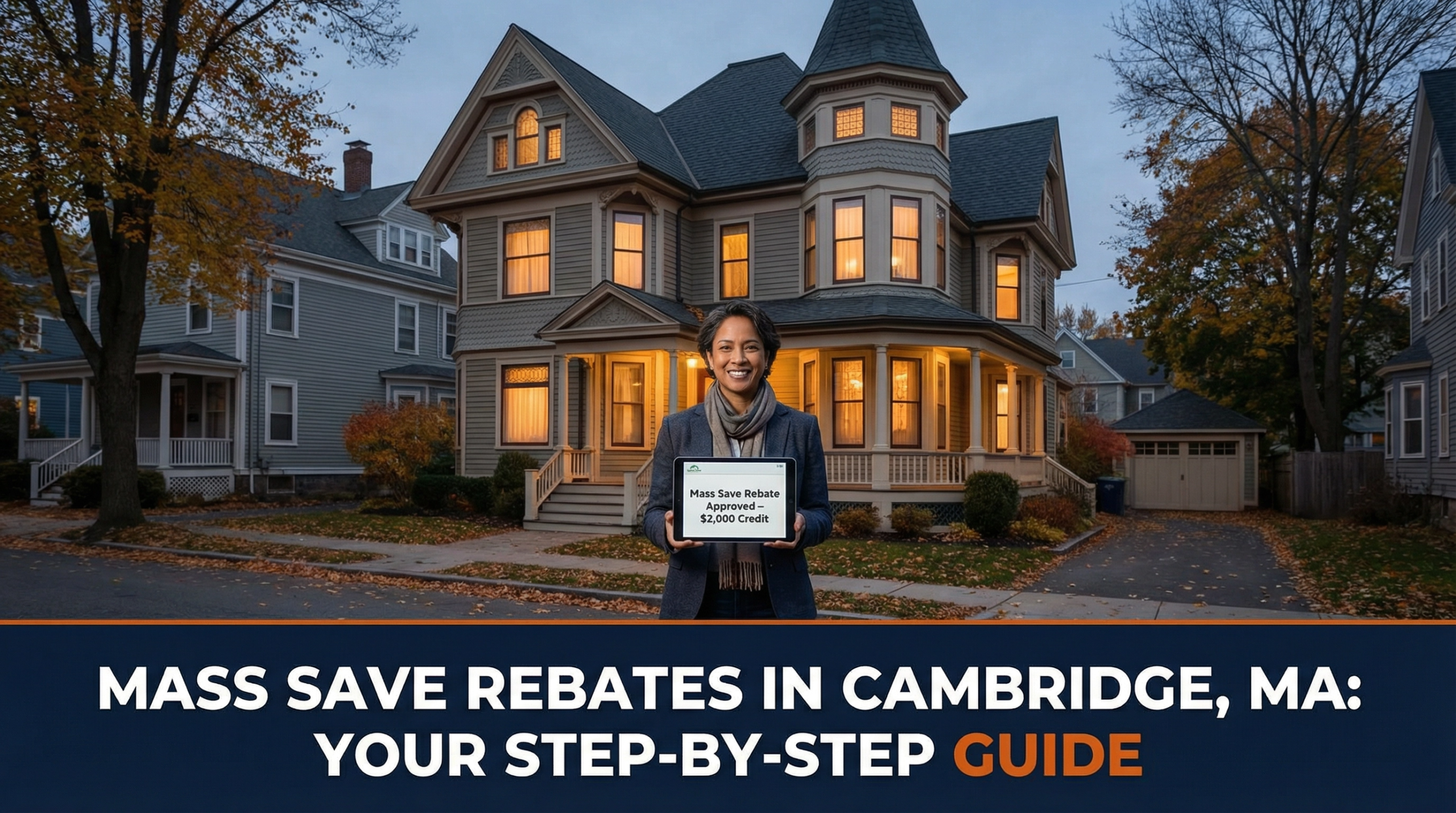 A Cambridge, MA homeowner smiles after receiving a Mass Save insulation rebate, illustrating the financial benefits of the program. The cover image reads: "Mass Save Rebates in Cambridge, MA: Your Step-by-Step Guide