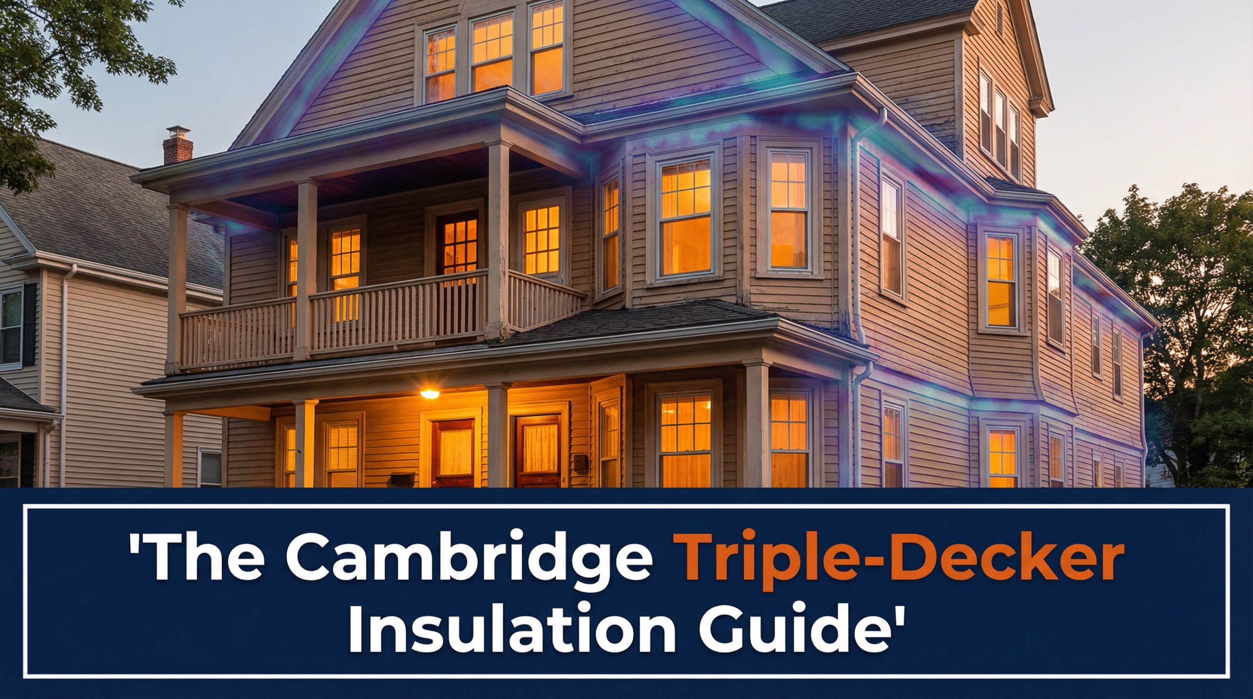 Cover image for "The Cambridge Triple-Decker Insulation Guide" — a classic three-story New England triple-decker house photographed at dusk with warm interior lighting glowing through windows, stacked porches with wooden railings, and beige vinyl siding, located in Cambridge, Massachusetts. Navy blue banner at the bottom displays the article title in white and orange bold text.