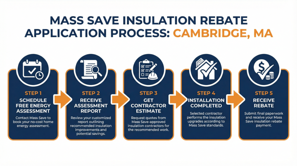Infographic of the 5-step Mass Save rebates application process in Cambridge, MA: 1. Schedule Assessment, 2. Receive Report, 3. Get Estimate, 4. Installation, 5. Receive Rebate.