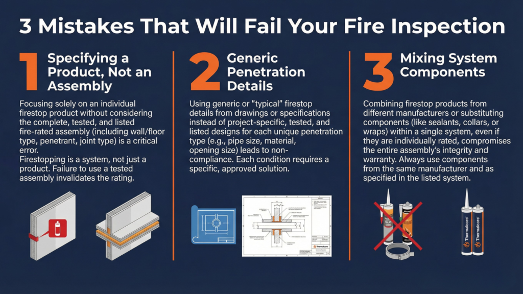 3 Mistakes That Fail Fire Inspections in MA. Covers specifying a product instead of a UL assembly, using generic penetration details, and mixing system components — the most common fire-rated insulation requirement failures.