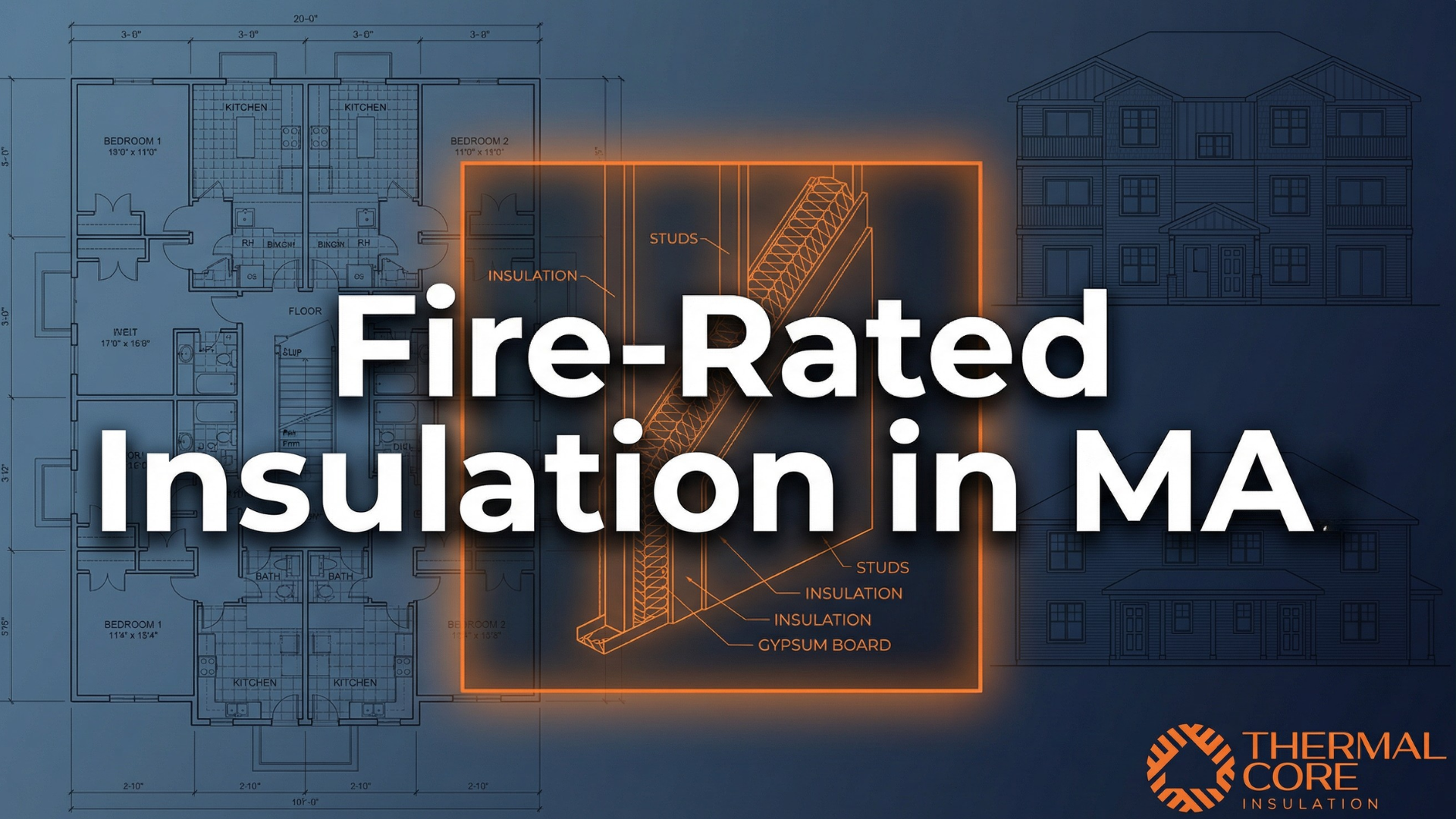 Thermal Core Insulation LinkedIn article cover image titled "Fire-Rated Insulation in MA:" — featuring a dark navy blue composite background with a detailed multi-unit residential building floor plan and exterior elevation. Center focal point shows a glowing orange-highlighted technical cross-section diagram of a fire-rated wall assembly with labeled components: studs, insulation layers, and gypsum board. Thermal Core Insulation logo in the lower right corner.