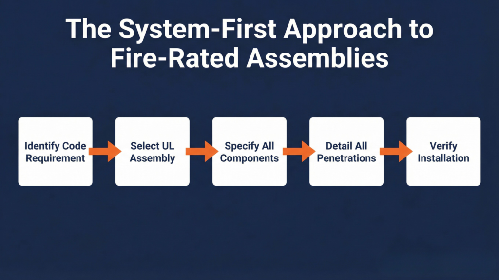 The System-First Approach to Fire-Rated Assemblies. Steps: Identify Code Requirement → Select UL Assembly → Specify All Components → Detail All Penetrations → Verify Installation. The correct process for meeting fire-rated insulation requirements in MA.