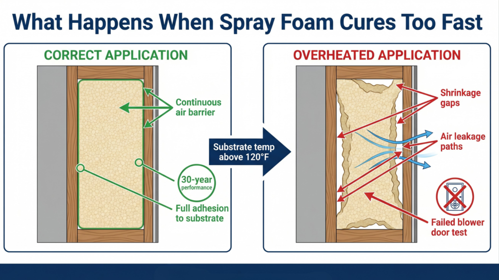 Diagram comparing correct spray foam application vs. overheated spray foam application on a Massachusetts summer job site — showing shrinkage gaps, air leakage paths, and a failed blower door test result.