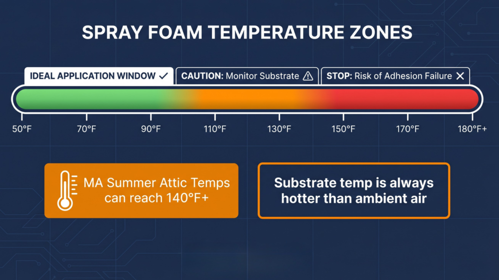 Spray foam temperature zones chart — ideal application window 50°F to 90°F, caution zone 90°F to 120°F, stop zone above 120°F. MA summer attic temps can reach 140°F+. Thermalcore Insulation.