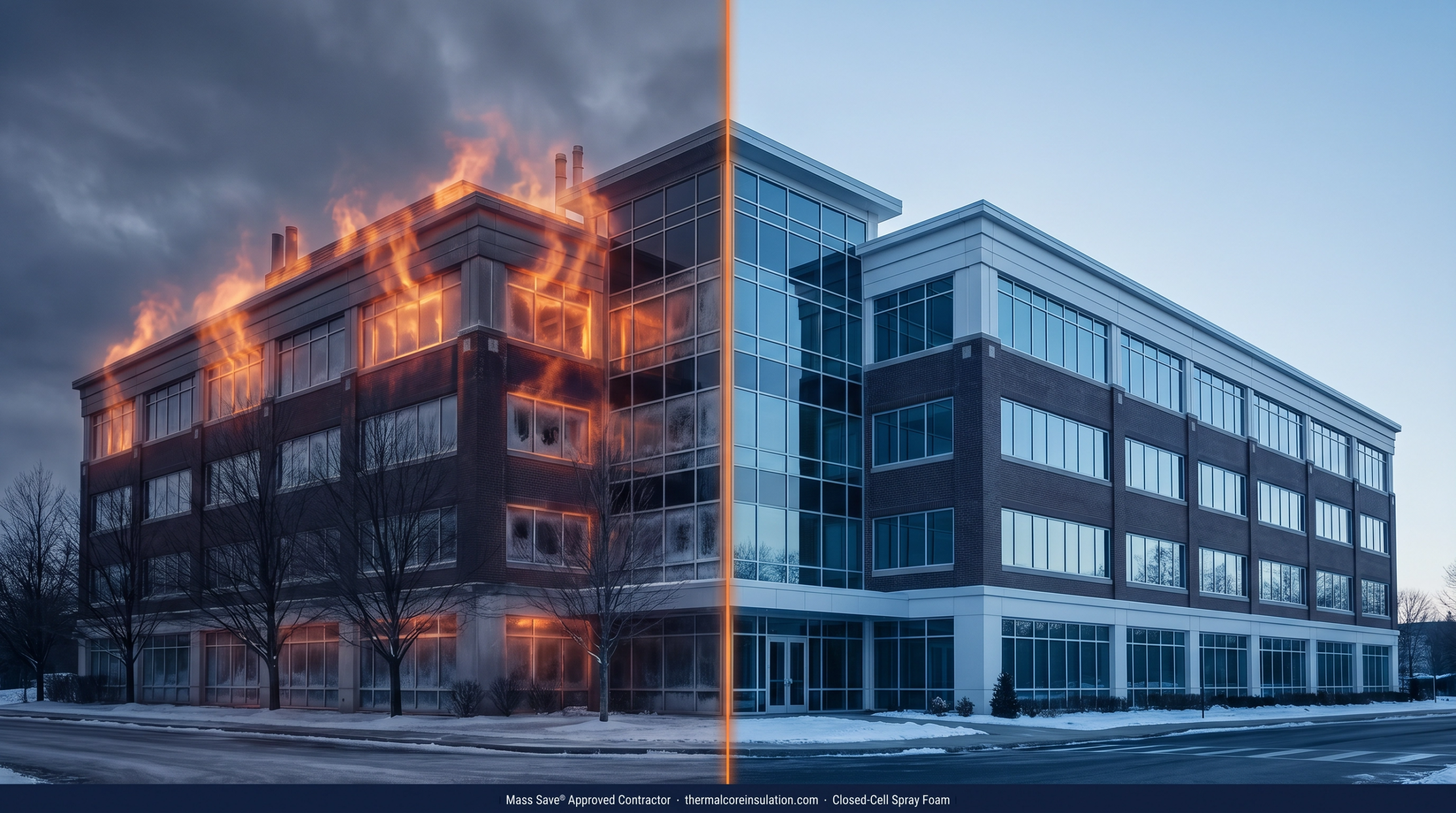 Commercial building air sealing vs insulation Massachusetts — thermal heat escaping leaky building envelope vs sealed energy-efficient commercial building — what MA commercial buildings should fix first — Thermal Core Insulation Mass Save Approved Contractor