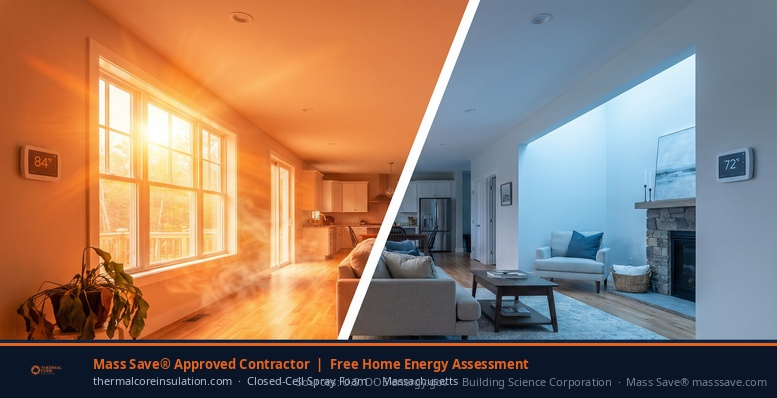 log cover image showing Massachusetts home interior split between 84 degrees hot uncomfortable room and 72 degrees cool comfortable room — why hot and cold spots persist even after insulation — Thermal Core Insulation