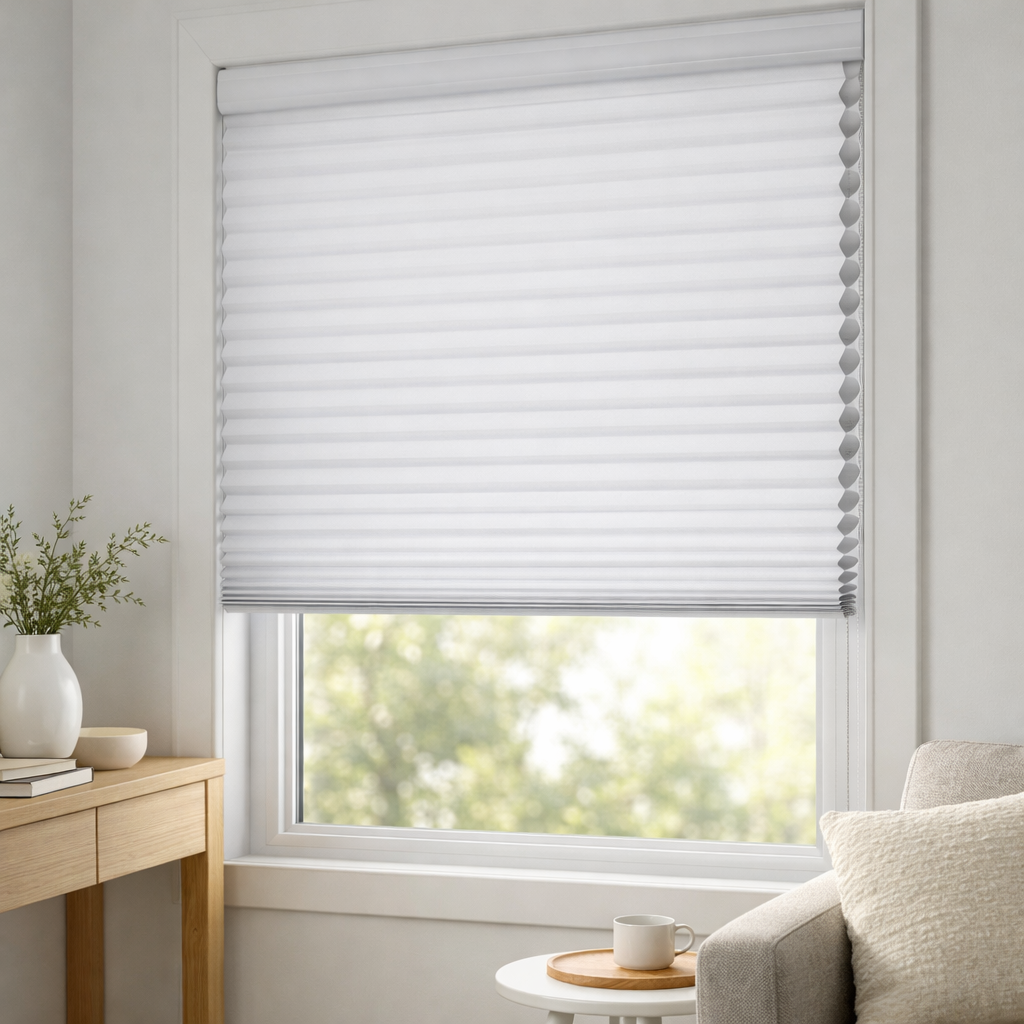 Interior view of a window with white insulated cellular shades (honeycomb blinds) partially lowered, highlighting effective windows insulation for energy efficiency