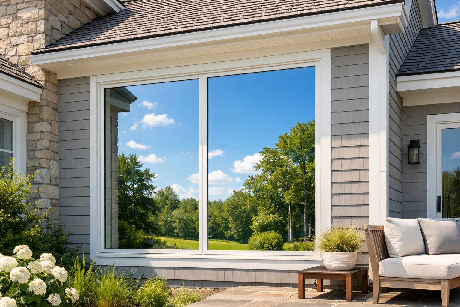 Modern Massachusetts home exterior with energy-efficient windows reflecting blue sky, showcasing effective windows insulation for summer heat