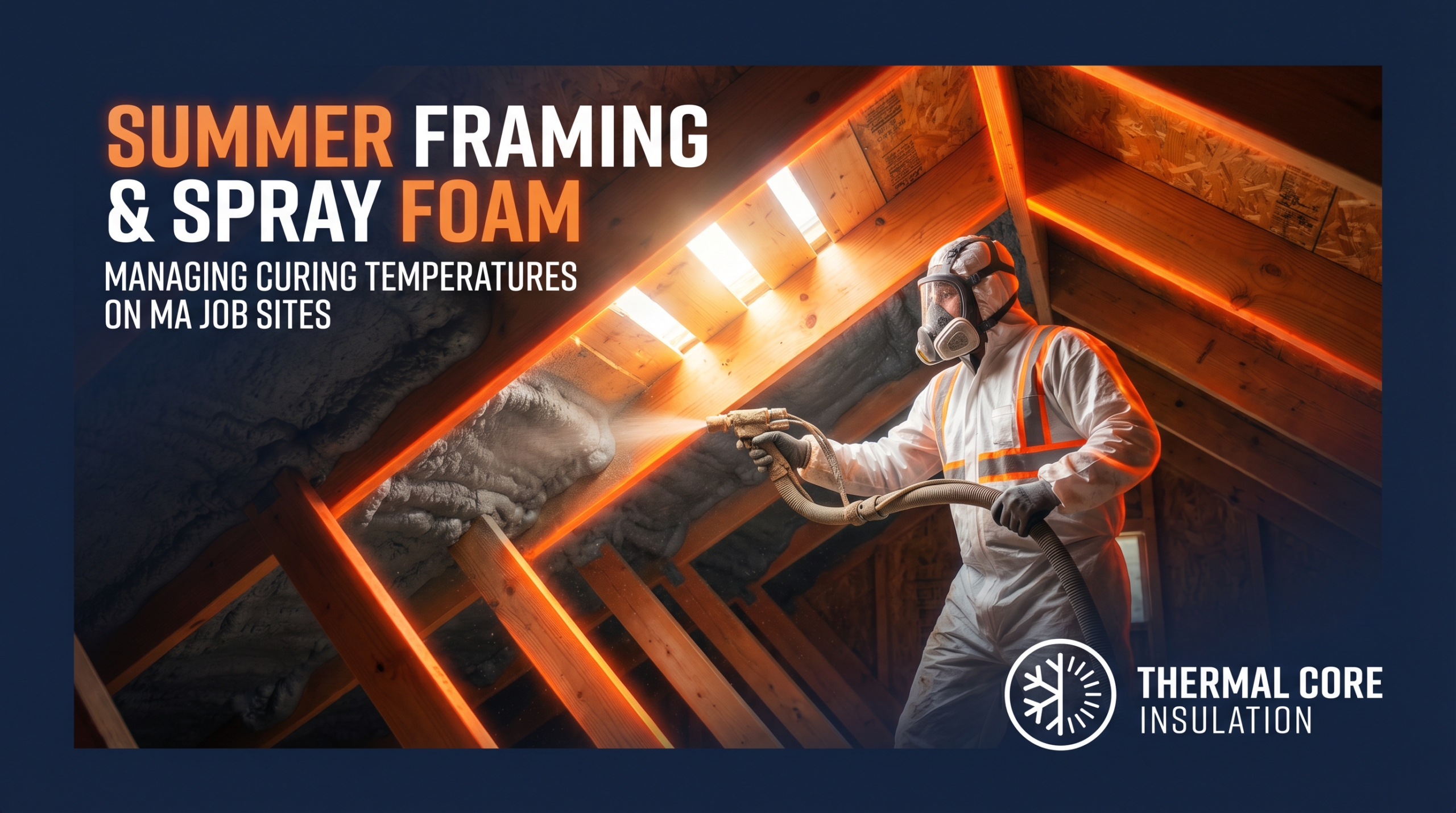 contractor manages summer framing and spray foam protocols on a Massachusetts job site, demonstrating the critical importance of substrate temperature management.