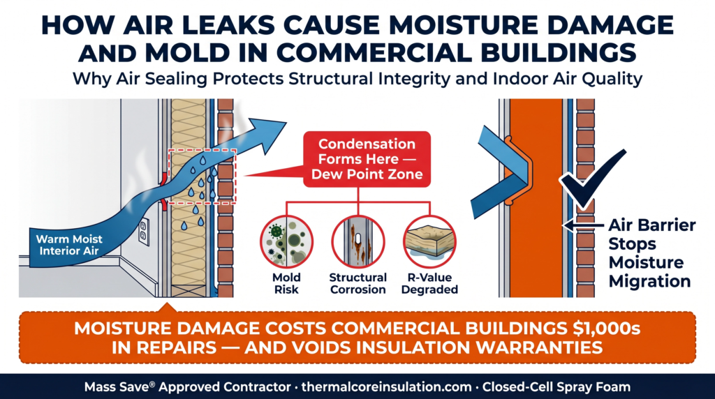 Air leaks cause moisture damage and mold in commercial buildings Massachusetts — dew point condensation inside wall cavity — mold risk structural corrosion R-value degradation — commercial air sealing vapor barrier MA — closed-cell spray foam stops moisture migration — Thermal Core Insulation Mass Save