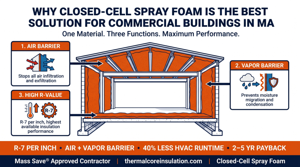 Closed-cell spray foam insulation commercial buildings Massachusetts — air barrier vapor barrier R-7 per inch — best insulation solution for MA commercial buildings — 40% less HVAC runtime 2 to 5 year payback — commercial spray foam insulation Massachusetts — Thermal Core Insulation Mass Save Approved Contractor