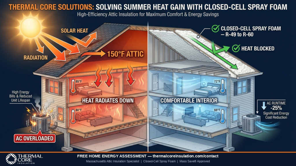 Summer Insulation: Solving summer heat gain. Architectural cross-section diagram of a Massachusetts home showing how closed-cell spray foam attic insulation blocks summer heat gain, lowers 150-degree attic temperatures, and reduces AC runtime by 25 percent compared to uninsulated homes