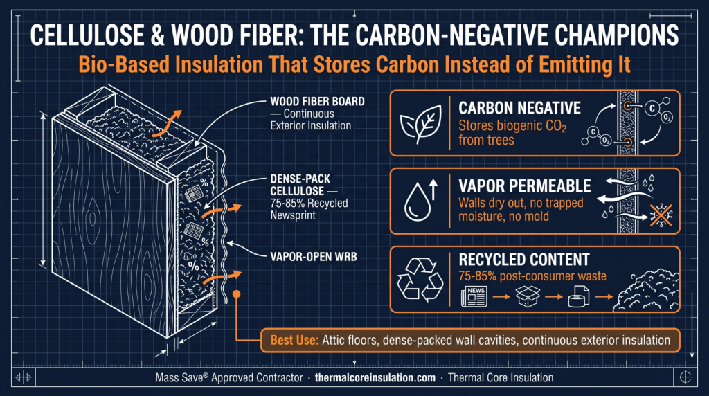 Cellulose and wood fiber insulation carbon negative low GWP Massachusetts green building — wood fiber board continuous exterior insulation — dense-pack cellulose 75 to 85 percent recycled newsprint — vapor-open WRB — carbon negative stores biogenic CO2 from trees — vapor permeable walls dry out no trapped moisture no mold — 75-85 percent recycled post-consumer content — best low embodied carbon insulation Massachusetts 2026 — Thermal Core Insulation Mass Save Approved Contractor