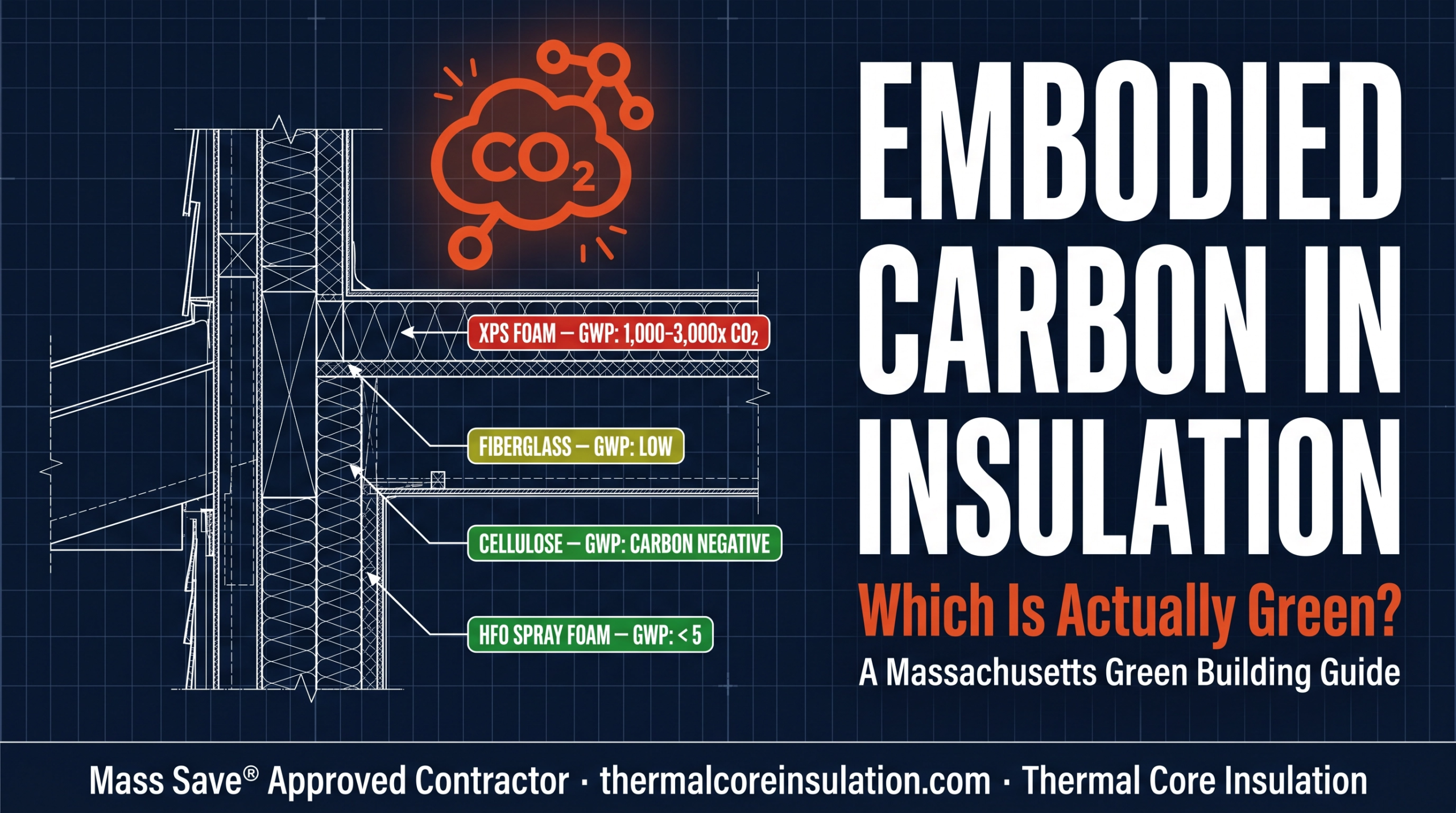 Embodied carbon in insulation materials comparison Massachusetts green building guide — XPS foam GWP 1000-3000x CO2 vs fiberglass low GWP vs cellulose carbon negative vs HFO spray foam GWP less than 5 — which insulation is actually green — Thermal Core Insulation Mass Save Approved Contractor thermalcoreinsulation.com