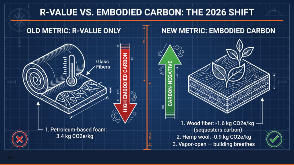 Blueprint-style side-by-side comparison of old metric (R-value only, high embodied carbon, petroleum-based foam at 3.4 kg CO2e/kg) versus new metric (embodied carbon, carbon-negative bio-based insulation, wood fiber at -1.6 kg CO2e/kg). The 2026 shift in Massachusetts building science. Thermalcore Insulation.