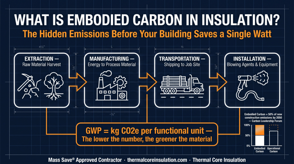 What is embodied carbon in insulation materials — lifecycle emissions from extraction raw material harvest manufacturing energy to process transportation shipping to job site installation blowing agents — GWP kg CO2e per functional unit — embodied carbon equals 50 percent of new construction emissions by 2050 Carbon Leadership Forum — Massachusetts green building insulation — Thermal Core Insulation