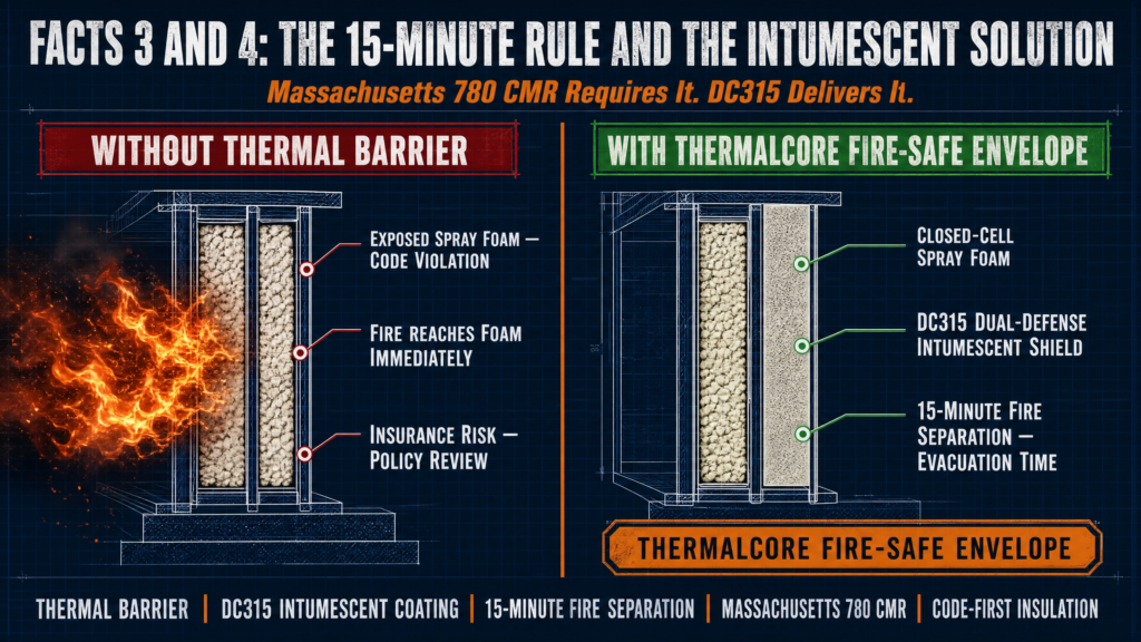 Blueprint-style infographic comparing exposed spray foam versus a code-compliant fire-safe assembly using DC315 intumescent coating. It explains the Massachusetts 15-minute thermal barrier rule, fire separation, insurance protection, and closed-cell spray foam code compliance.