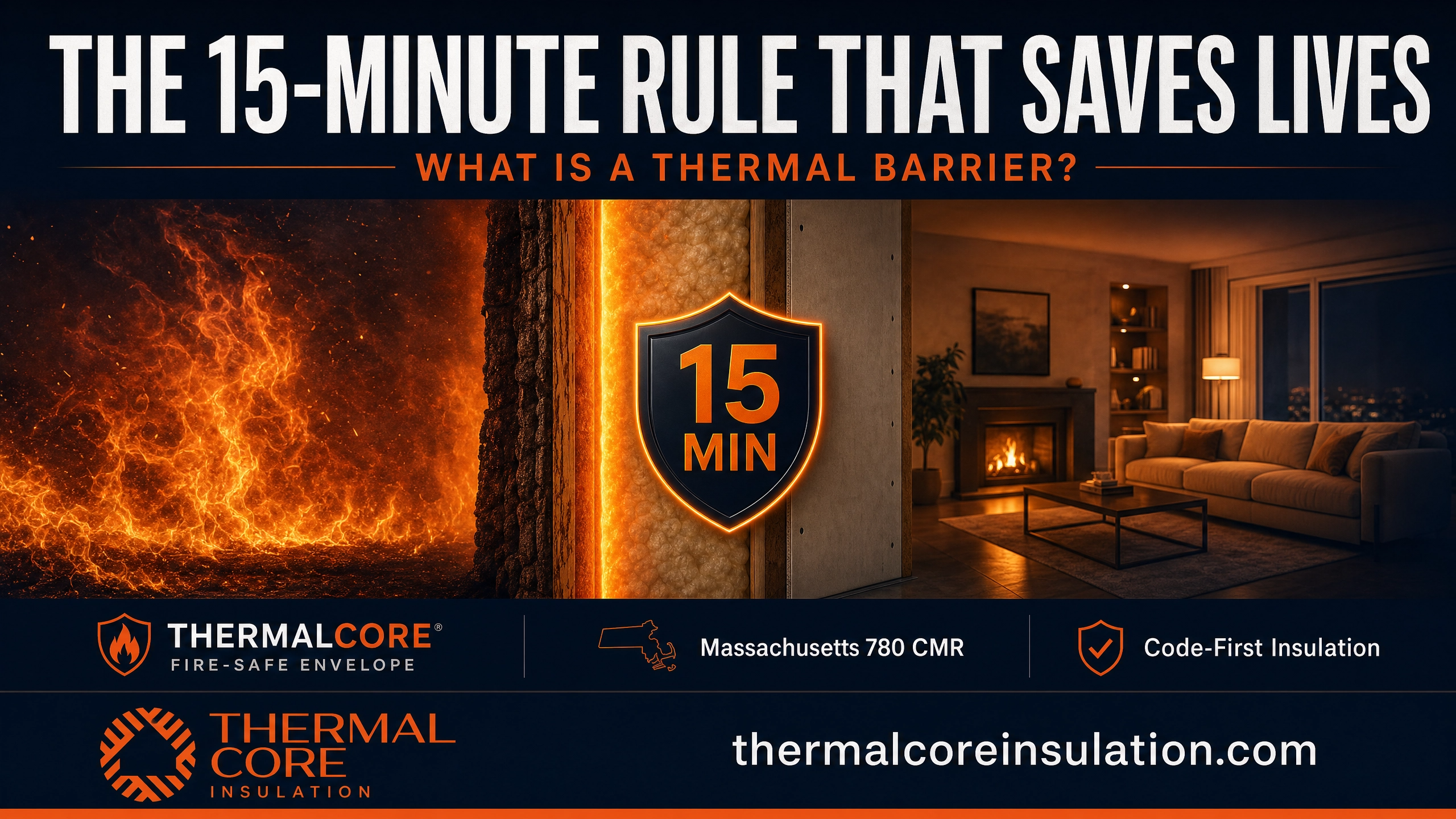 Cover infographic illustrating the 15-minute thermal barrier concept for spray foam insulation, showing a fire-resistant wall assembly separating flames from a living space in compliance with Massachusetts 780 CMR.