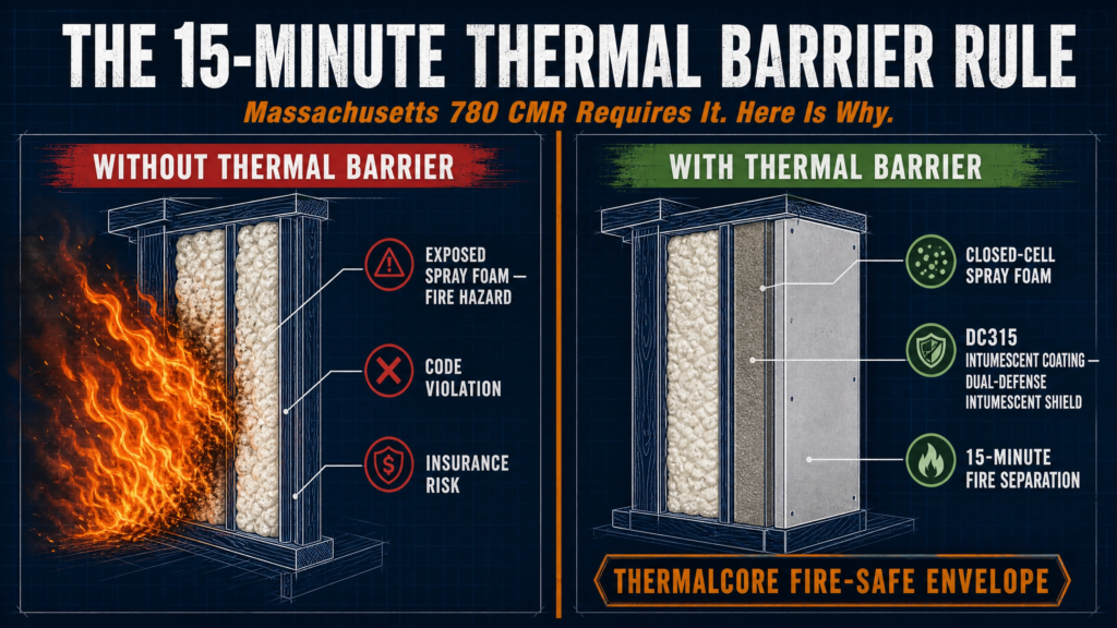Educational infographic explaining the Massachusetts 15-minute thermal barrier requirement for spray foam insulation. It compares exposed spray foam, which creates fire hazards and code violations, with properly protected foam covered by DC315 intumescent coating or drywall for code-compliant fire separation.