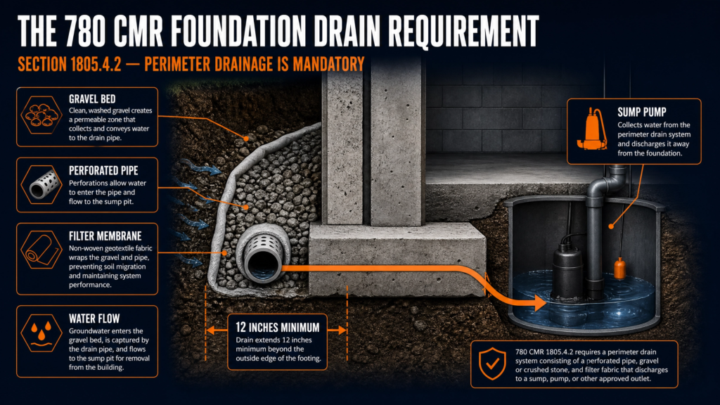 Technical infographic explaining Massachusetts 780 CMR Section 1805.4.2 foundation drainage requirements, illustrating gravel bed, perforated drain pipe, filter fabric, sump pump, and perimeter drain installation.