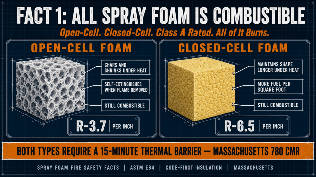 Educational infographic comparing open-cell and closed-cell spray foam fire behavior. It explains that all spray foam insulation is combustible, compares how each reacts to heat, and highlights that both require a 15-minute thermal barrier under Massachusetts building code.