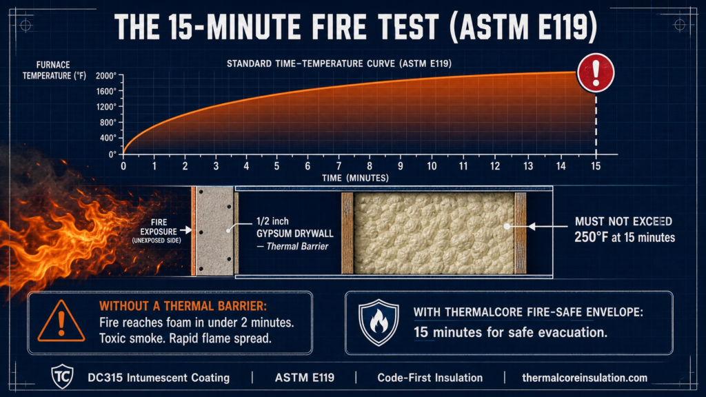 Educational infographic explaining ASTM E119 fire testing, illustrating how a gypsum thermal barrier protects spray foam insulation from fire exposure for at least fifteen minutes.