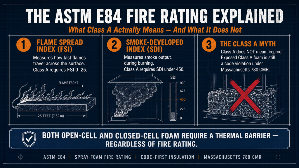 Infographic explaining ASTM E84 fire ratings for spray foam insulation, including Flame Spread Index (FSI), Smoke Developed Index (SDI), and why a Class A rating does not mean spray foam is fireproof. It emphasizes that both open-cell and closed-cell foam still require a code-approved thermal barrier.