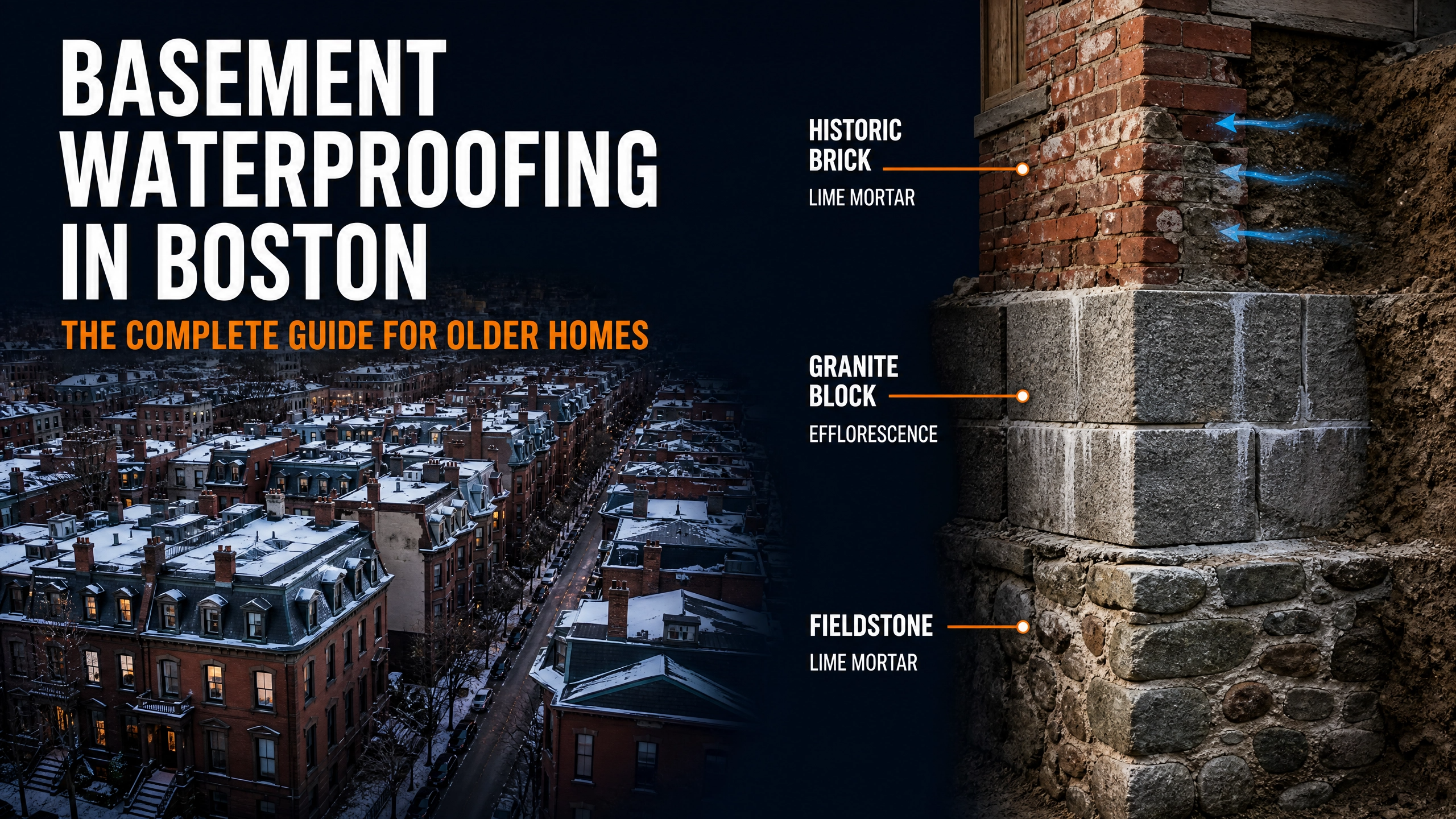 Educational infographic explaining the three most common historic Boston foundation types—fieldstone, granite block, and historic brick—and how each requires a different waterproofing strategy for long-term durability.