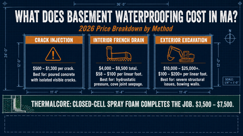 Thermal Core Insulation infographic comparing basement waterproofing costs in Massachusetts for crack injection, interior French drains, exterior excavation, and closed-cell spray foam, with 2026 price estimates and recommended applications.