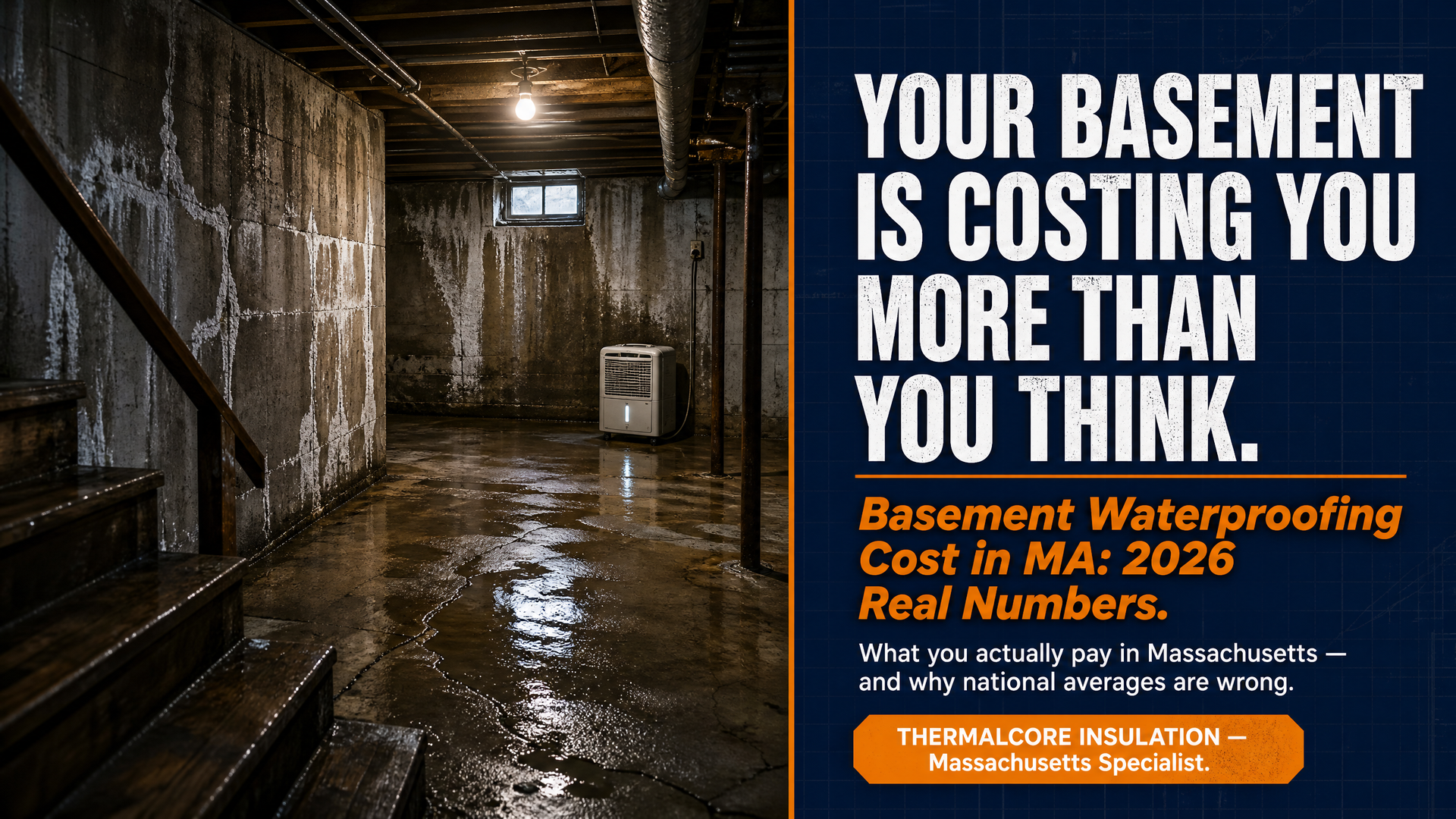 Thermal Core Insulation cover graphic showing a wet basement in Massachusetts with standing water, introducing a 2026 guide to basement waterproofing costs and real local pricing.
