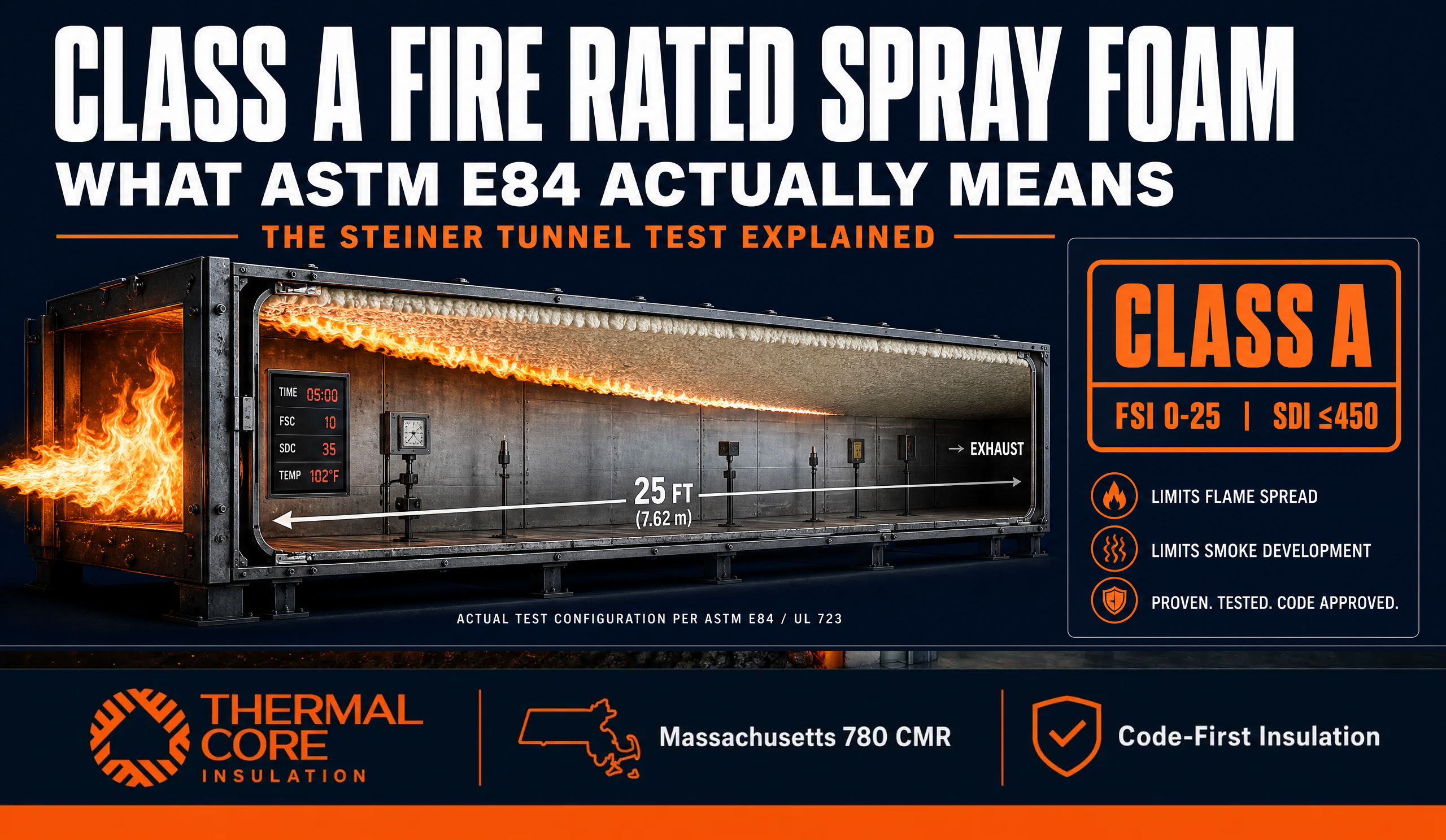 Cover infographic explaining ASTM E84 Class A fire ratings for spray foam insulation, showing the Steiner Tunnel test and Flame Spread Index (FSI) and Smoke Developed Index (SDI) requirements.