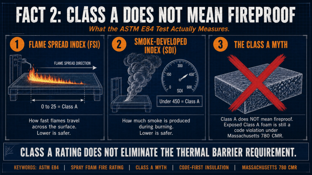 Infographic explaining ASTM E84 Class A fire ratings for spray foam insulation. It covers Flame Spread Index (FSI), Smoke Developed Index (SDI), and clarifies that a Class A rating does not mean spray foam is fireproof or exempt from thermal barrier requirements.