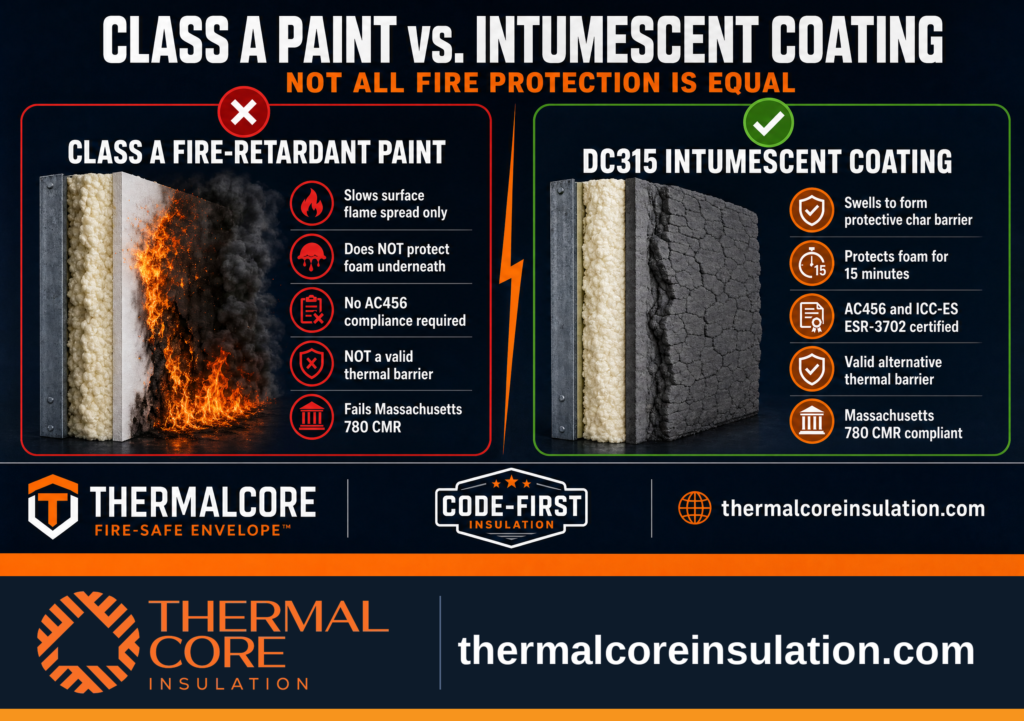 Comparison infographic showing the differences between standard Class A fire-retardant paint and DC315 intumescent coating for protecting spray foam insulation.