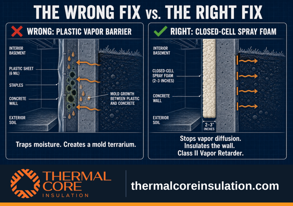 Comparison infographic showing why plastic vapor barriers trap moisture and mold while closed-cell spray foam controls vapor diffusion and properly insulates basement walls in Massachusetts.