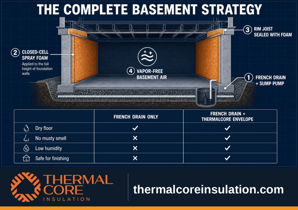Thermal Core Insulation infographic showing the complete basement waterproofing and insulation strategy using a French drain, sump pump, closed-cell spray foam, and rim joist air sealing to create a dry, healthy basement in Massachusetts.
