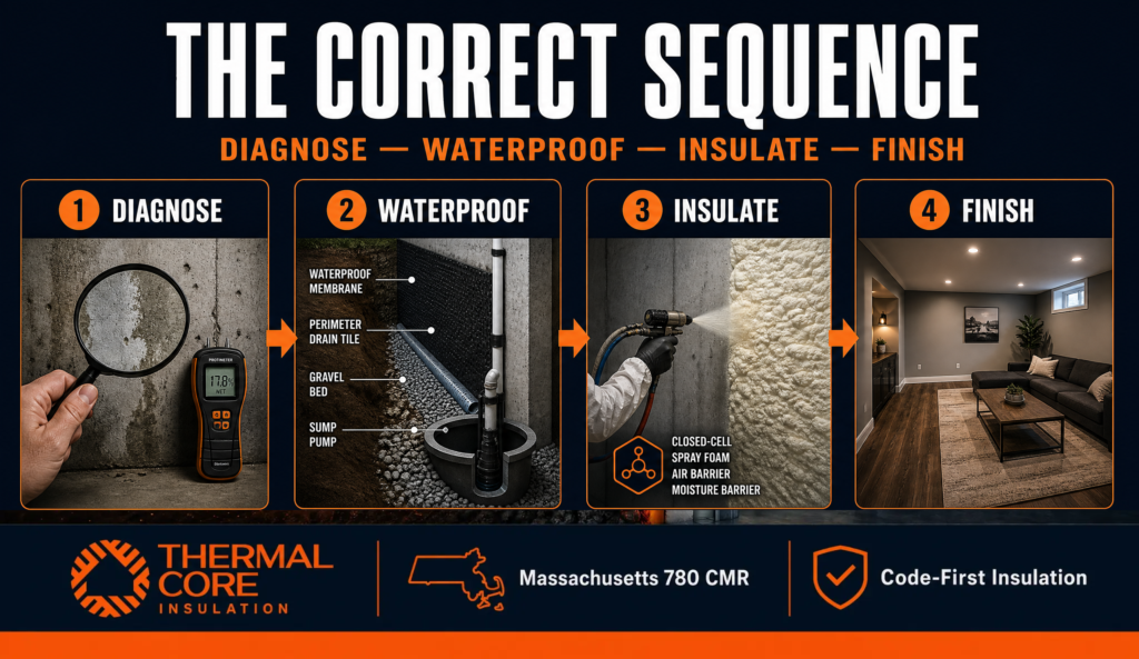 Infographic illustrating the correct sequence for finishing a worcester basement waterproofing: diagnose moisture issues, waterproof the foundation, install closed-cell spray foam insulation, and complete the basement finish. Highlights that skipping waterproofing can lead to mold and structural damage.