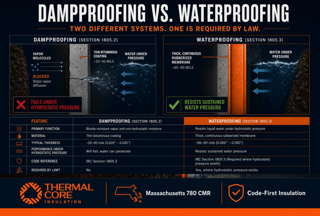 Massachusetts Building Codes: Comparison infographic explaining the differences between dampproofing and waterproofing systems, including membrane thickness, hydrostatic pressure resistance, IRC Sections 1805.2 and 1805.3, and when waterproofing is required by code.