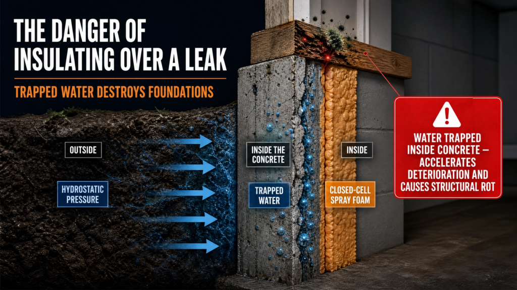 Cross-section infographic illustrating the dangers of installing closed-cell spray foam over an active basement leak, showing trapped water inside the foundation that accelerates deterioration, mold, and structural damage.