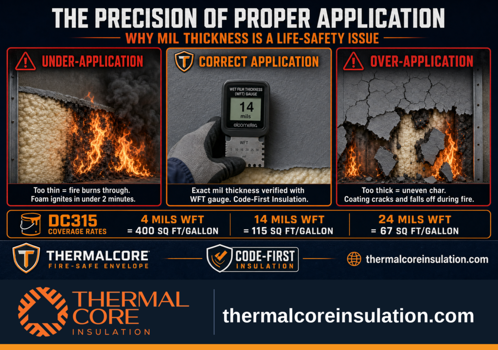 Educational infographic explaining correct, under, and over-application of DC315 intumescent coating, including wet film thickness measurements and fire protection performance.