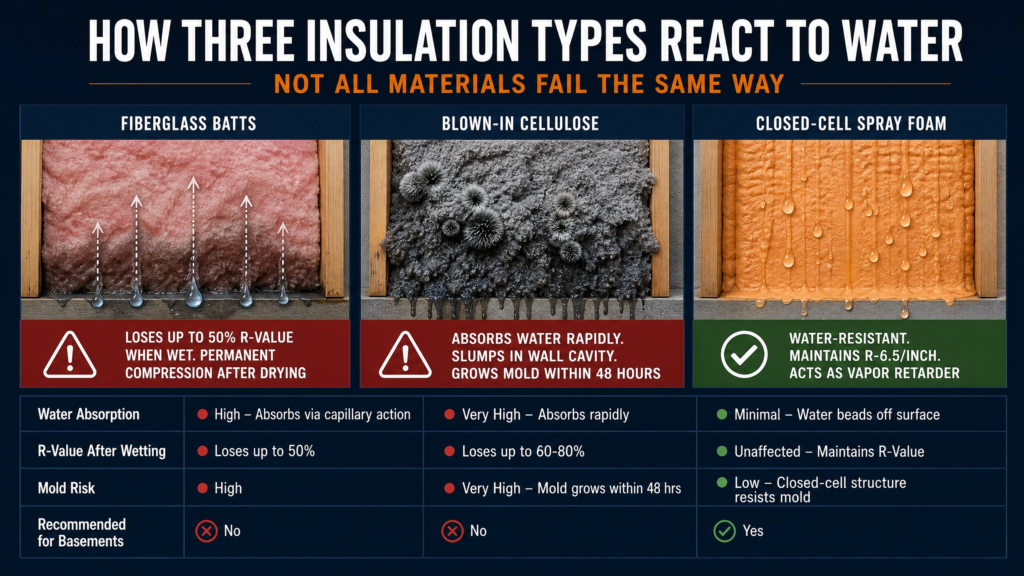 Comparison infographic explaining how fiberglass batts, blown-in cellulose, and closed-cell spray foam perform when exposed to moisture, highlighting differences in water absorption, mold resistance, and retained R-value.