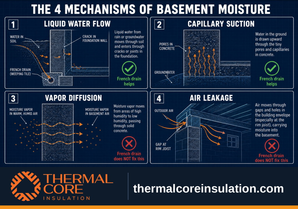Blueprint infographic explaining the four mechanisms of basement moisture: liquid water intrusion, capillary suction, vapor diffusion, and air leakage, and when French drains solve the problem.