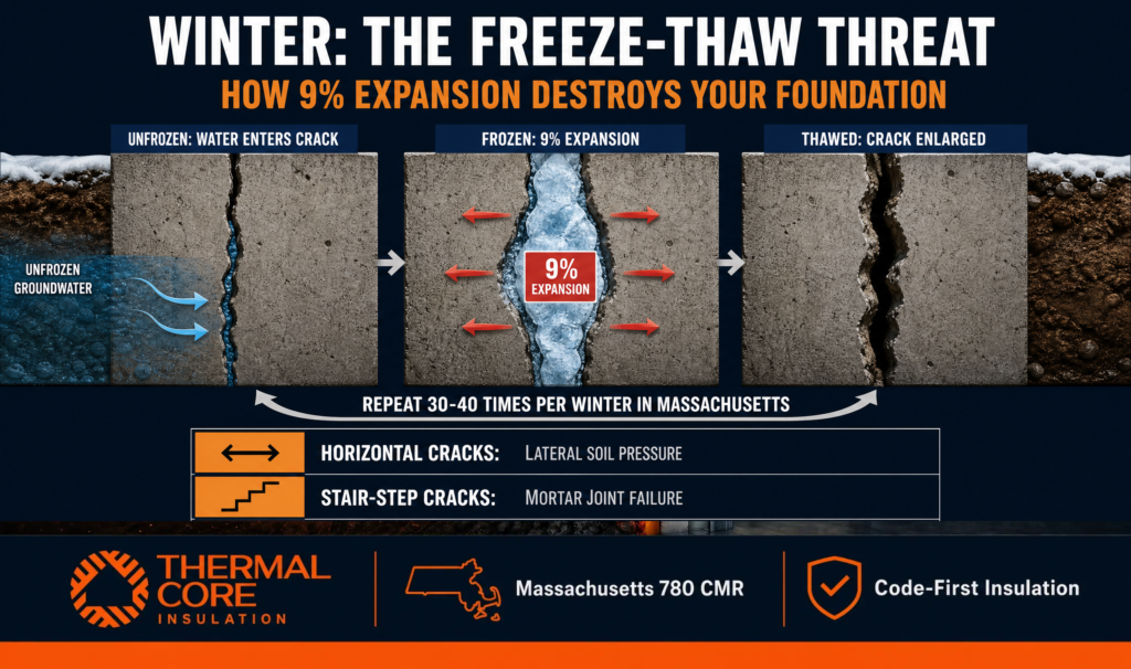 Building science infographic illustrating how freeze-thaw cycles expand water inside foundation cracks by approximately 9%, causing progressive structural damage during Massachusetts winters.