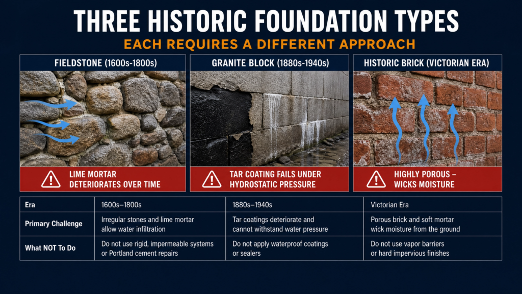 Comparison guide explaining the characteristics, moisture problems, and waterproofing considerations for fieldstone, granite block, and historic brick foundations commonly found in older Boston homes.