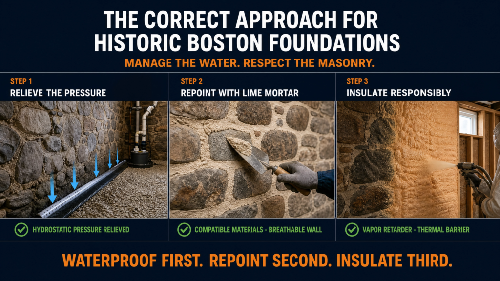 Step-by-step infographic illustrating the proper basement waterproofing sequence for historic Boston foundations: relieve hydrostatic pressure, repoint with breathable lime mortar, and install closed-cell spray foam insulation after the masonry has dried.