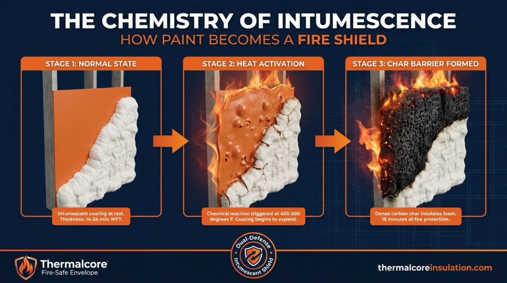 Infographic illustrating the three stages of intumescent coating activation, showing normal coating, heat activation, and expansion into a protective char barrier over spray foam insulation.