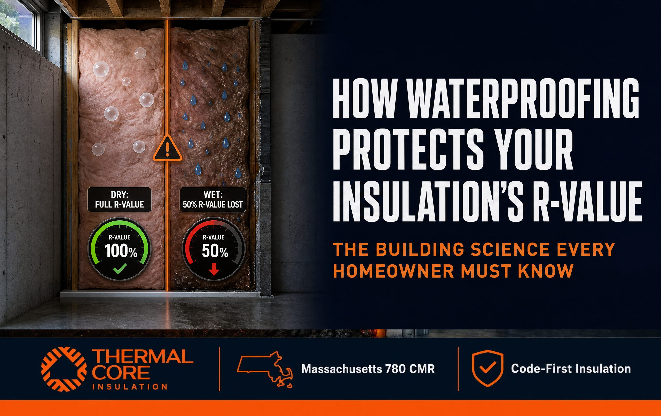 Educational infographic showing how dry insulation maintains its full R-value while wet insulation loses approximately 50% of its thermal performance, explaining why waterproofing is essential before insulating a basement.